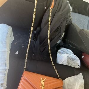 Saint Laurent Tan Quilted Leather Crossbody with Gold Chain